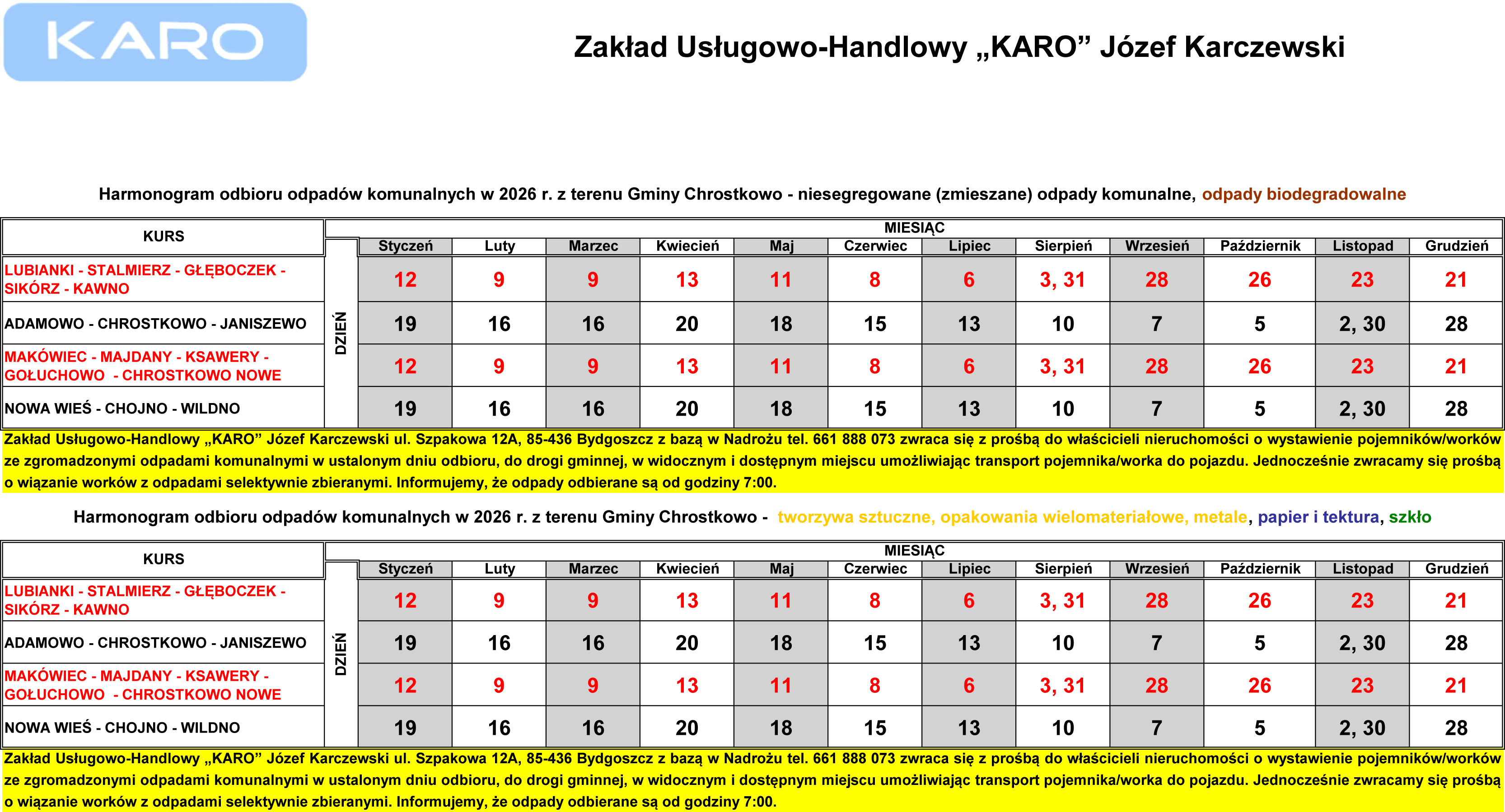 Harmonogram Chrostkowo 2026