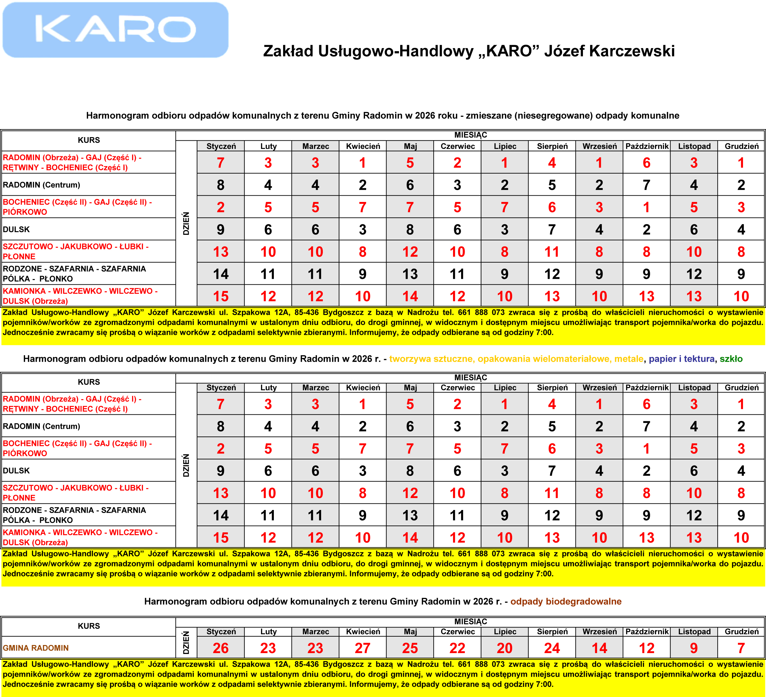 Harmonogram Radomin 2026